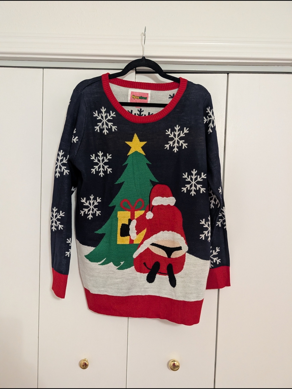 Tipsy Elves Navy and Red Santa Tree Holiday Sweater